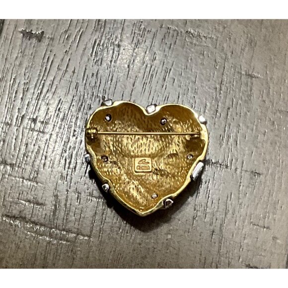 Designer Signed Brooch Red Guilloche Enamel Puffy Heart Rhinestones Ribbon - Picture 3 of 3